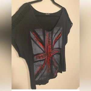 Seven7 brand British Flag Union Jack shred ladder red sequin black T-Shirt XL/1X